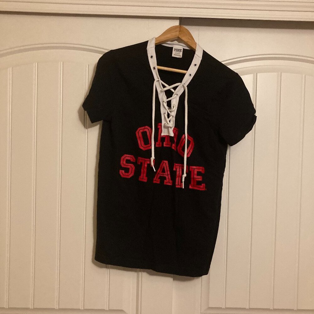 Ohio State Buckeyes Shirt XS Xtra Small Victoria Secret PINK Black Tie Front